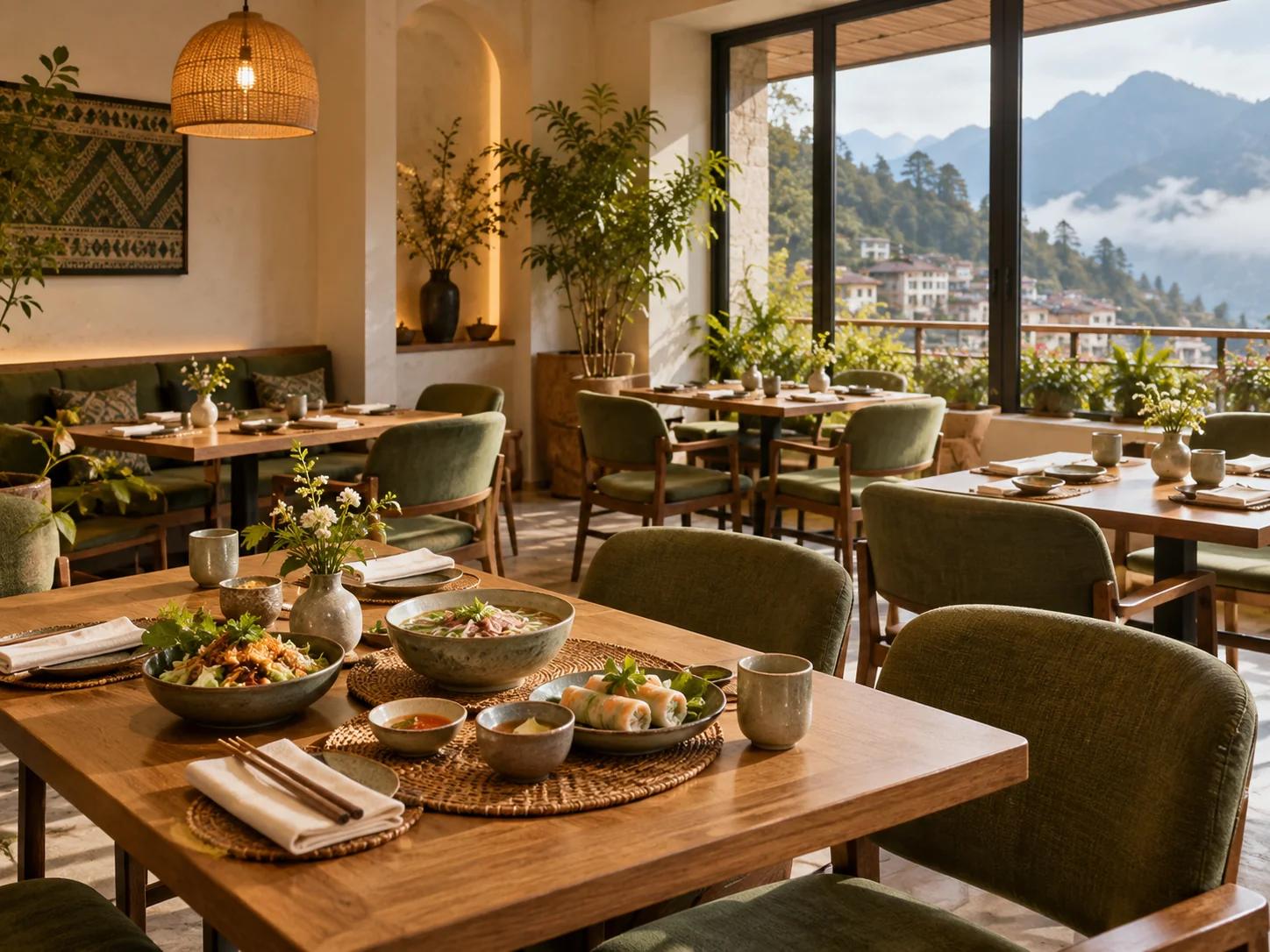 A warm, sunlit restaurant dining room